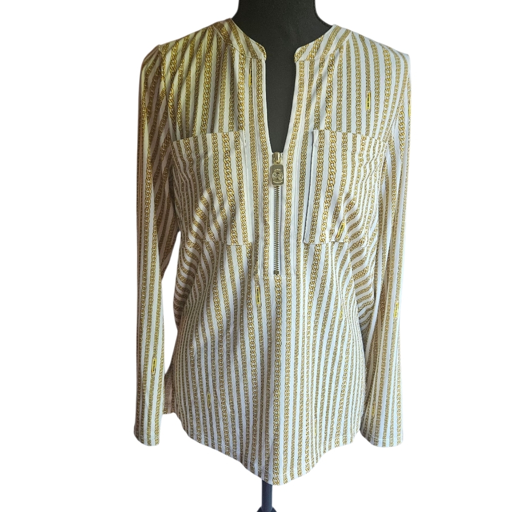 Michael Kors Gold and White Striped Blouse Size S Chain Pattern